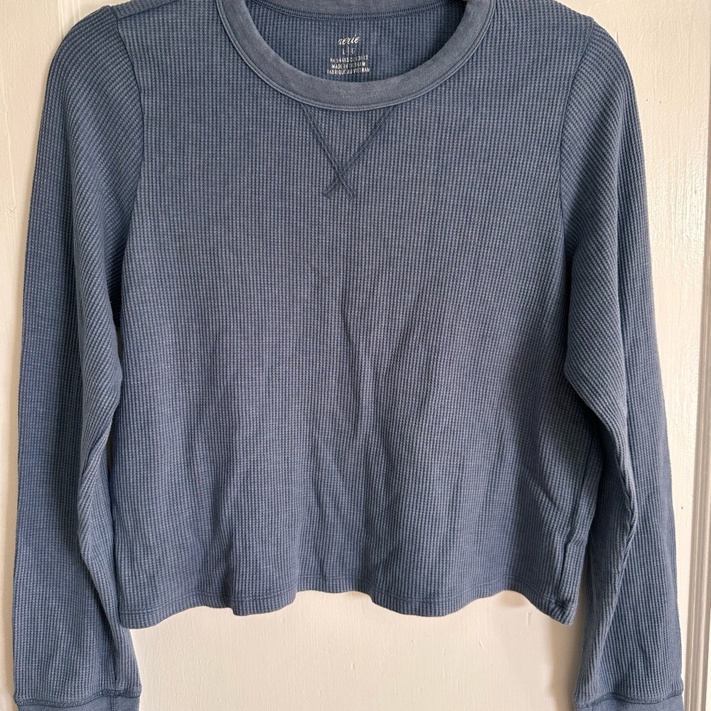 Aerie Blue Waffle Knit Cropped Crewneck Thermal, Size Large